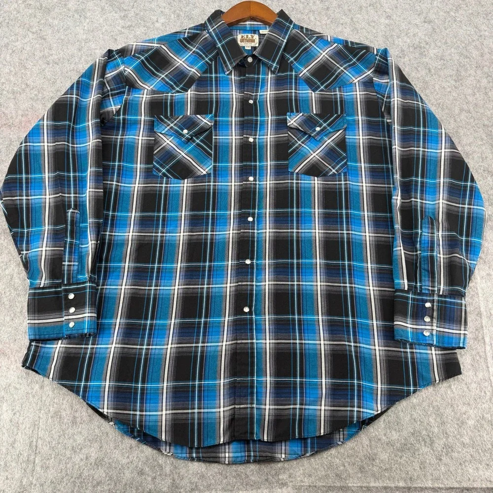 Ely Cattleman Mens XXL Blue Plaid Pearl Snap Western Long Sleeve Shirt